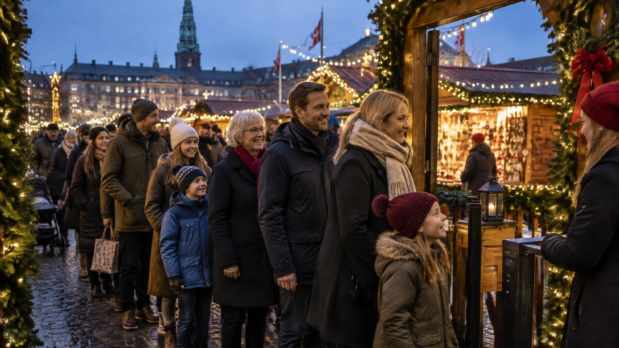 People queuing at a festive Danish Christmas market entrance