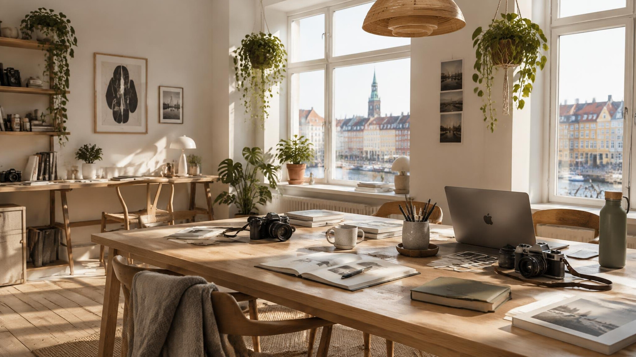 Cozy Copenhagen studio office interior with desks and plants
