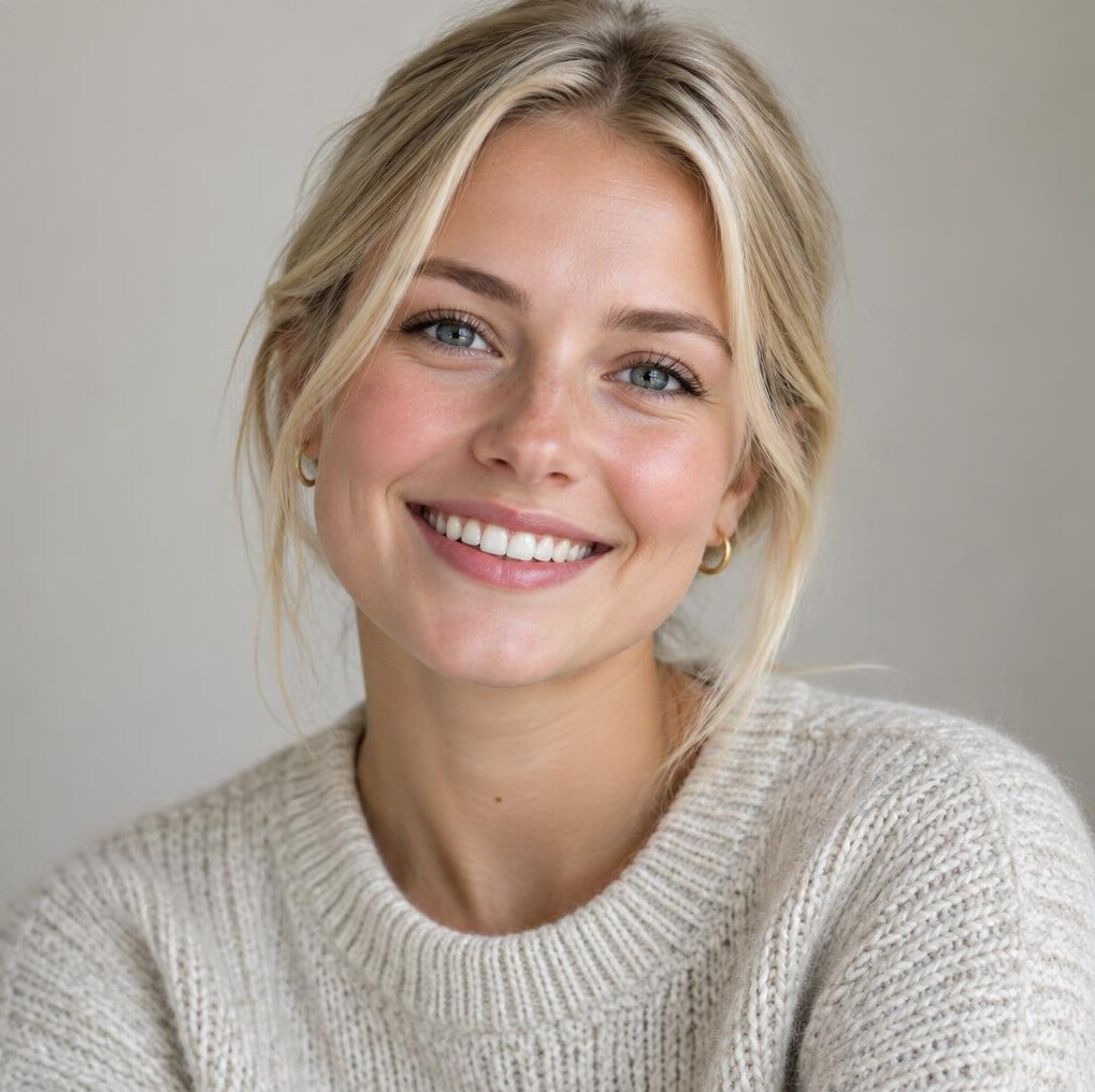 Studio portrait of a smiling young Danish woman